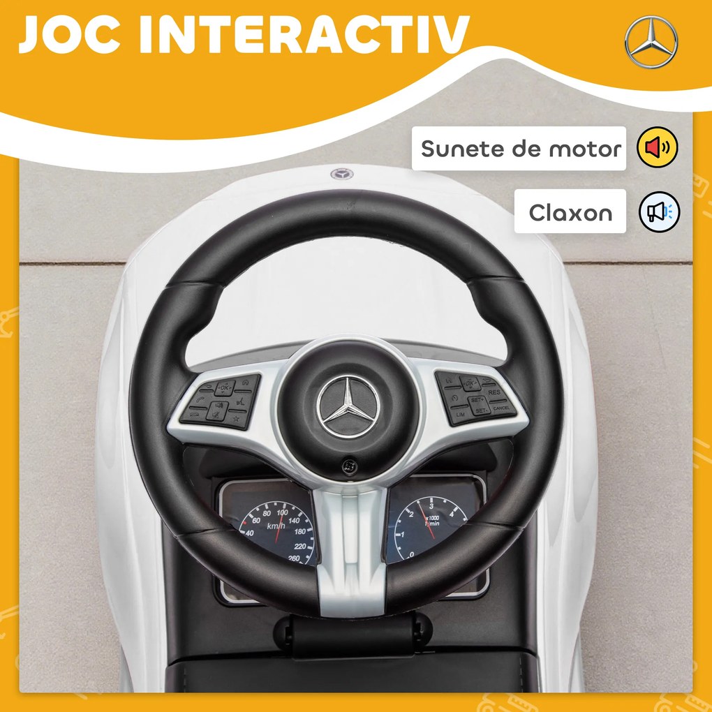 Mașinuță Electrică AIYAPLAY pentru Copii Licență Mercedes Benz cu Claxon și Spațiu de Depozitare, 65x28x39 cm, Alb | Aosom Romania