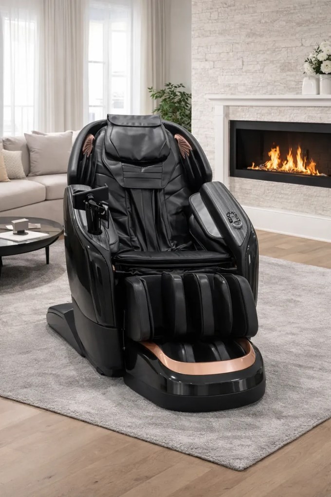 Fotoliu de masaj ZEENA INFINITY PRO, AI voce, Incalzire, Bluetooth, Zero Gravity SL-Track Shiatsu, Joystick și suport pentru telefon, Controler rapid cotiera, 2 Boxe, Moduri Automate, Suport Picioare extensibil, Piele PU Premium, Negru