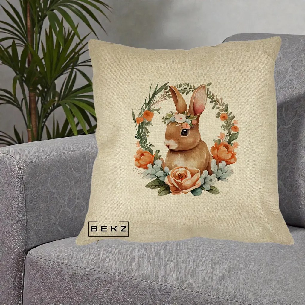 Perna Decorativa Iepuras Floral Coronita Acuarela, 40x40 cm, Crem, Husa Detasabila, Perna Inclusa, BEKZ®