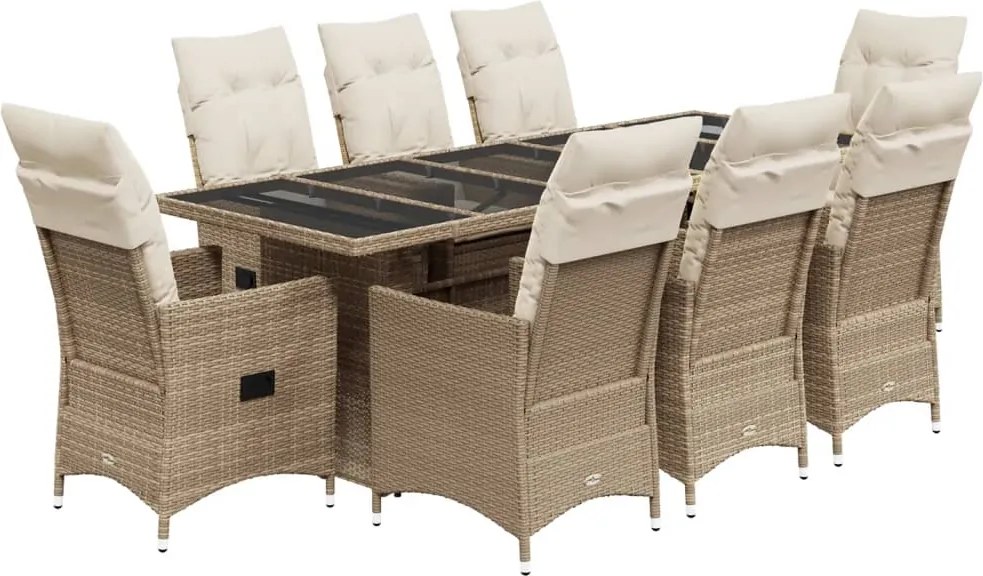 vidaXL Set bistro de grădină, 9 piese, cu perne, bej, poliratan