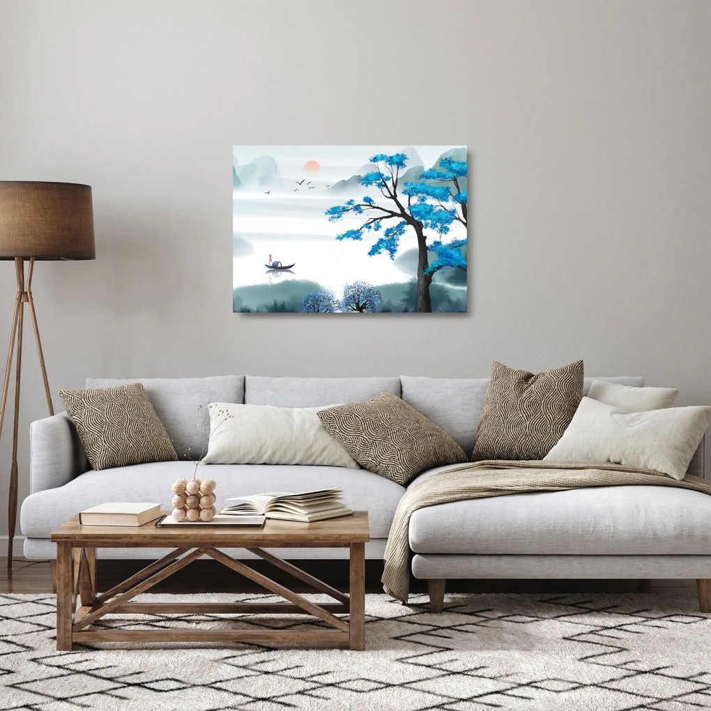 Tablou pe sticlă - Pictură, lac cu barcă (70x50 cm)