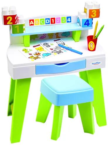 Masa pentru desenat si creatie My Very First Desk Maxi Abrick Ecoiffier cu scaunel si carti de colorat, 7851