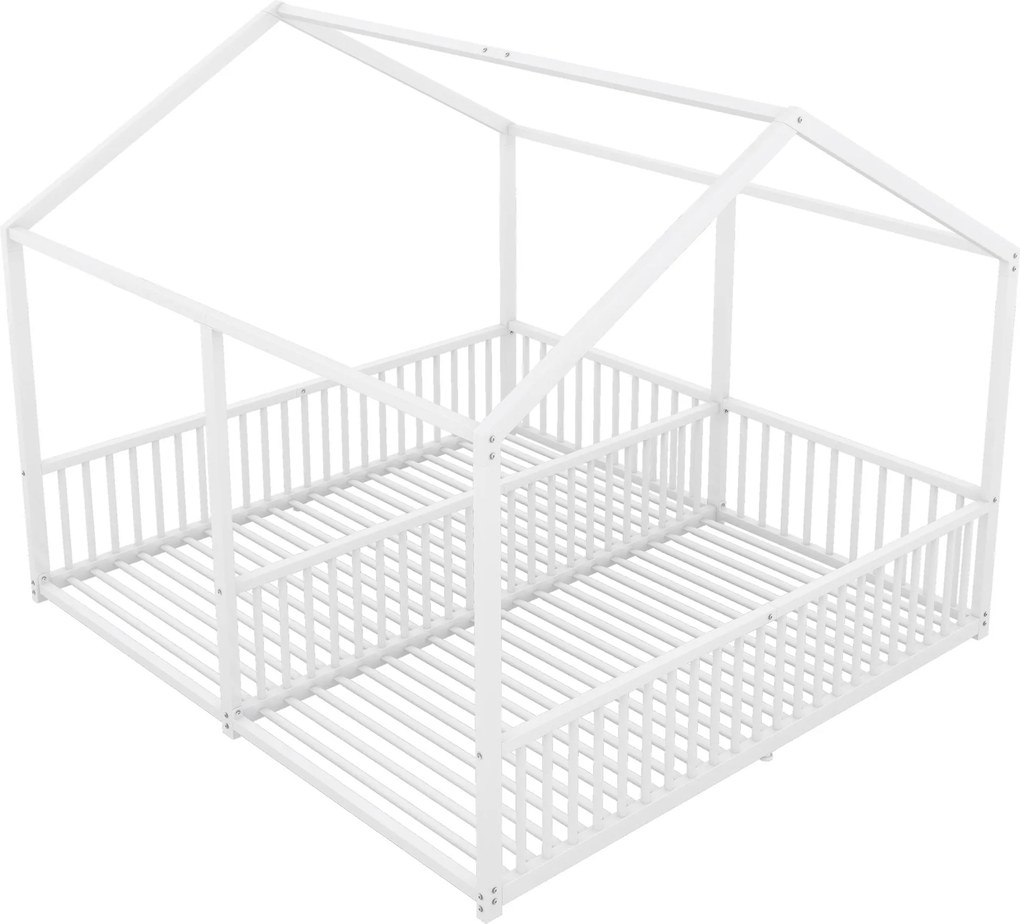 Pat dublu pentru copii 90x200 cm, formă de casă, cu barieră de siguranță, fără saltea, Alb