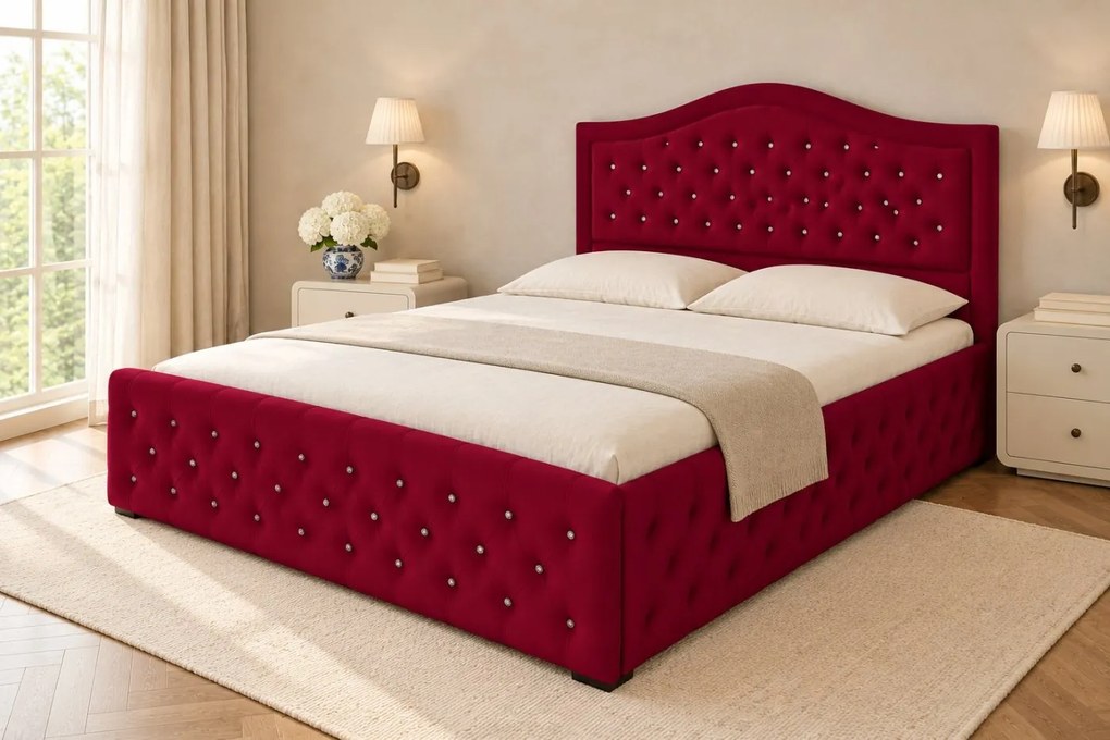 Pat tapițat Chesterfield din catifea Solaria Deluxe Cristal 200×200 cm, vișiniu, cu ladă de depozitare