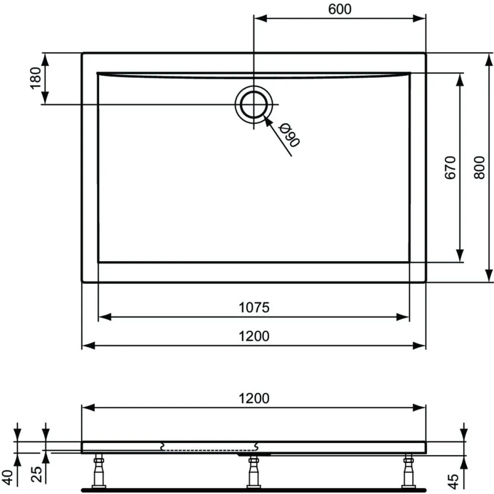 Cadita dus dreptunghiulara 120x80 cm Ideal Standard Ultra Light 1200x800 mm