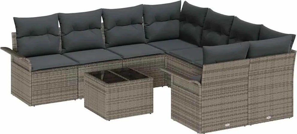 vidaXL Set de canapele pentru grădină cu pernă 9 pcs Gri poliratan