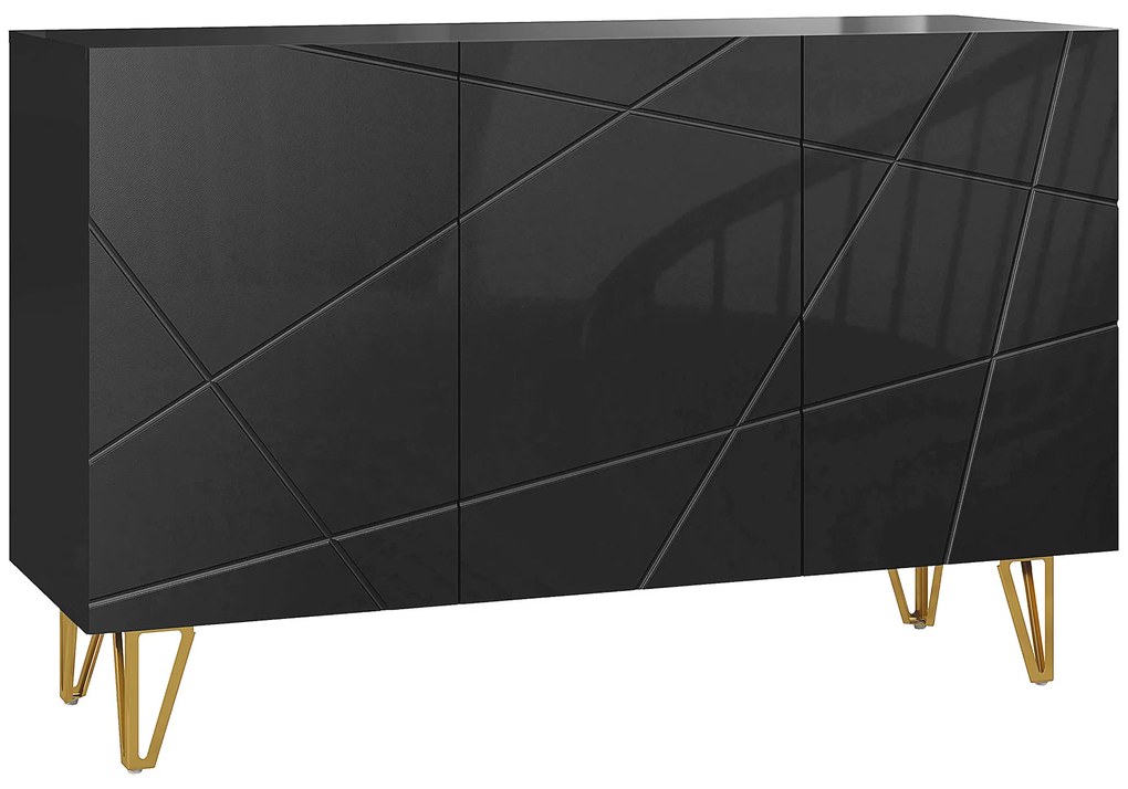 HOMCOM Dulap de Depozitare cu 2 Dulapuri și Raft Reglabil pe 3 Niveluri, Bufet Modern din PAL și Metal, 120x40x75 cm, Negru și Auriu | Aosom Romania