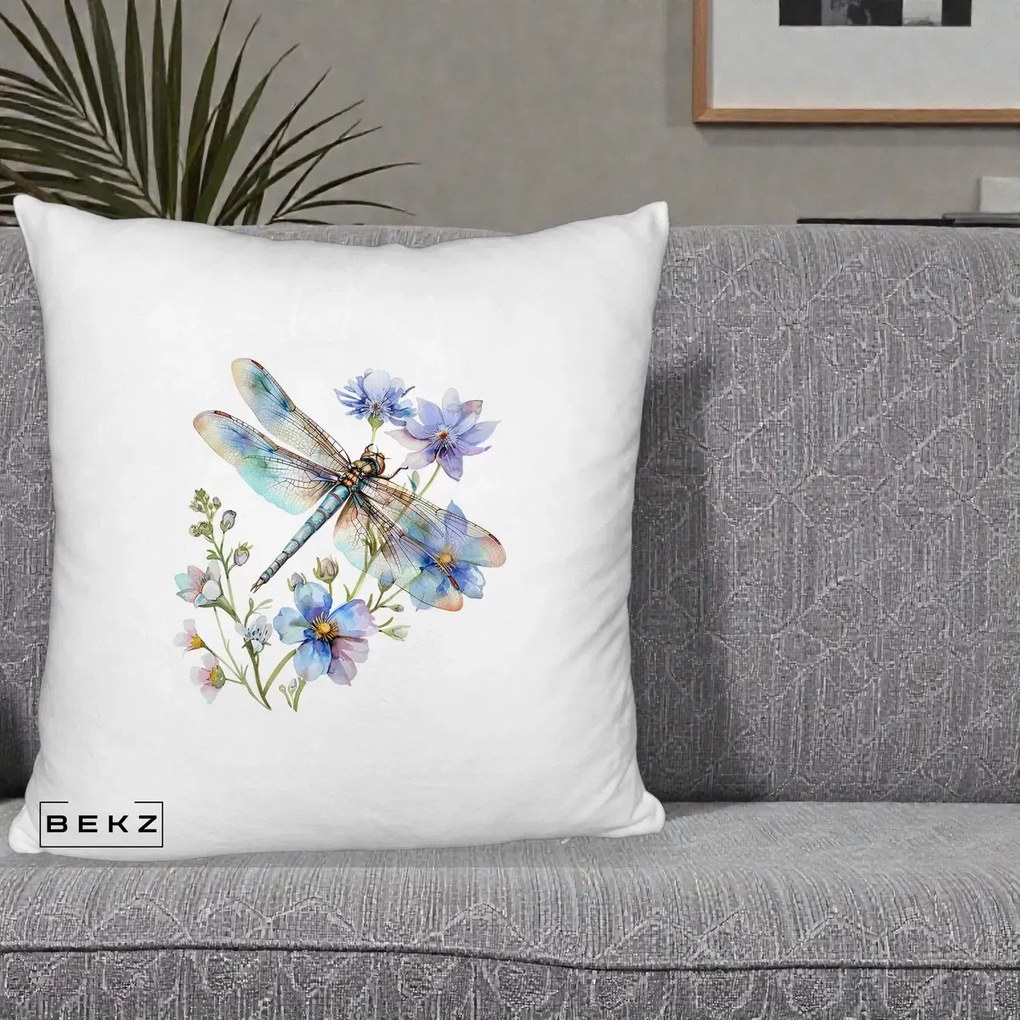 Perna Decorativa Libelula Acuarela Flori Albastre, 40x40 cm, Alb Pufos, Husa Detasabila, Perna Inclusa, BEKZ®