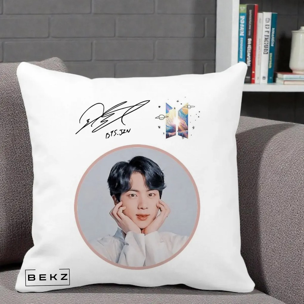 Perna Personalizata K-pop BTS Jin Portret cu Autograf, 40x40 cm, Alba Mata, Husa Detasabila, Perna Inclusa, BEKZ®