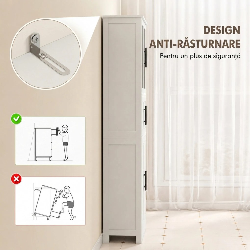 HOMCOM Dulap înalt de baie slim, 170 cm, cu 6 rafturi, uși din sticlă și rafturi reglabile, pentru living sau bucătărie, stil modern, 60x30x170 cm, alb | Aosom Romania