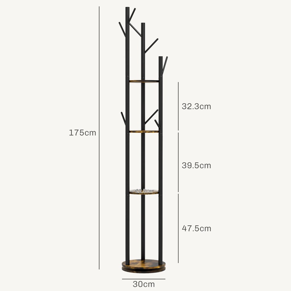 HOMCOM Suport Haine, Rotativ, cu 4 Rafturi și 8 Cârlige, stander haine pentru Hol, Dormitor, Living, 30x30x175 cm, Maro Rustic | Aosom Romania