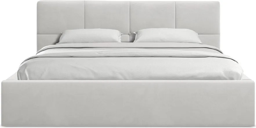 Pat matrimonial gri deschis tapițat din catifea cu spațiu de depozitare cu somieră 140x200 cm Hiko – Makamii