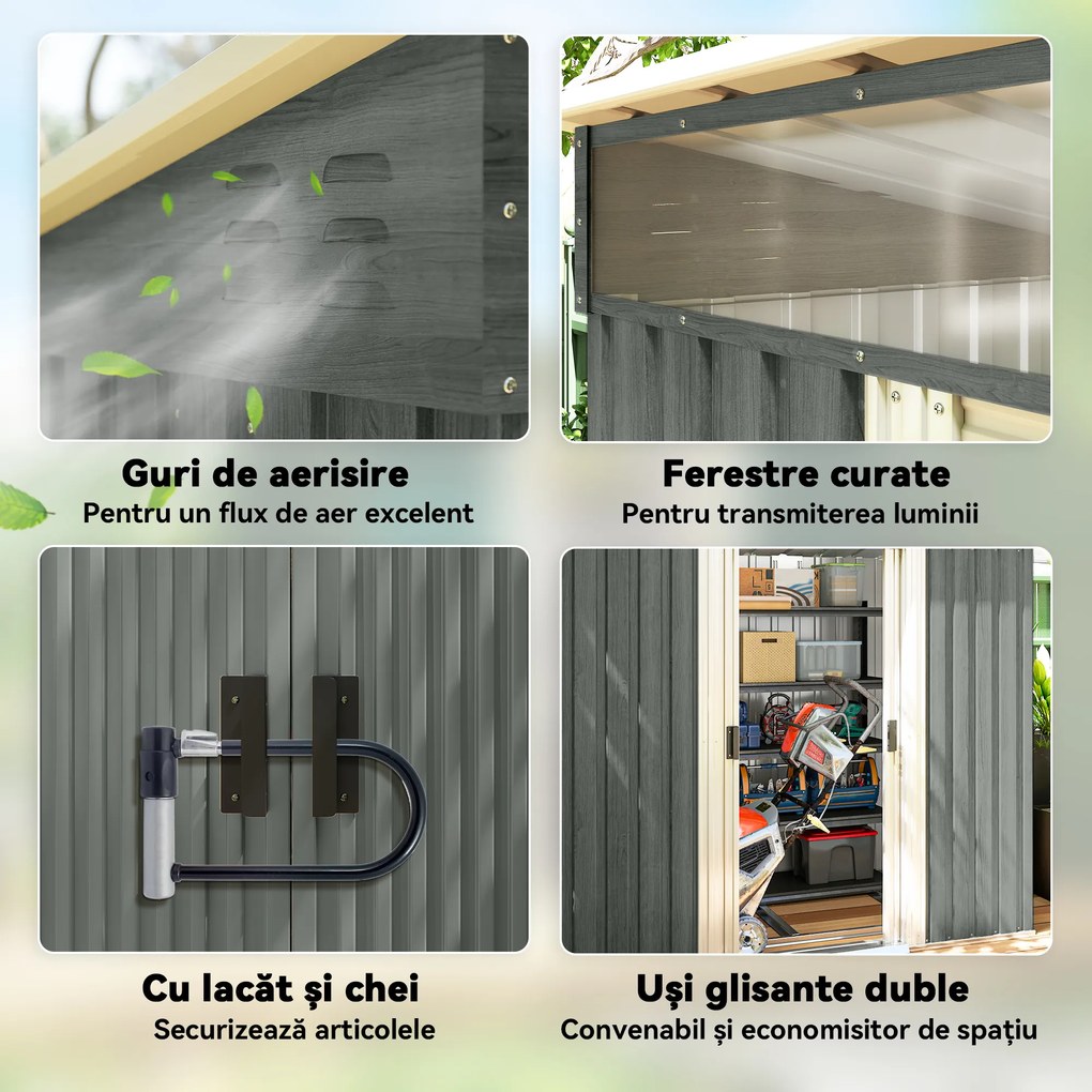 Outsunny Căsuță de Grădină 6.5 x 4FT din Metal Galvanizat cu Fundație, Magazin cu Uși Duble Culisante și 2 Guri de Aerisire, Gri | Aosom Romania