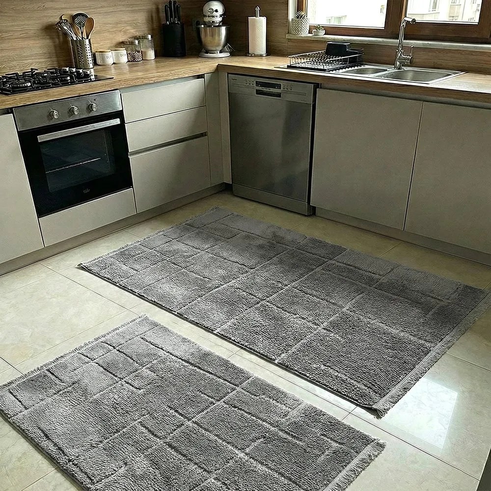 Set 2 covoare bucatarie antiderapante, Welsoft, model texturat gri