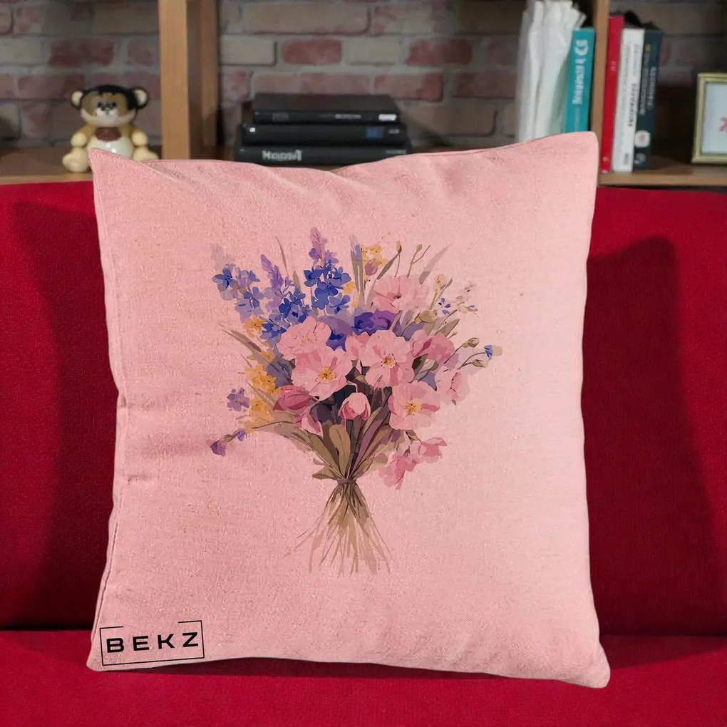 Perna Decorativa Buchet Floral Acuarela Primavara, 40x40 cm, Roz, Husa Detasabila, Perna Inclusa, BEKZ®