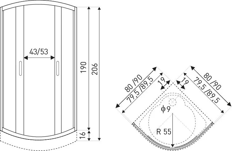 Cabină de duș curbată Intro 80x80 cu cădiță de duș