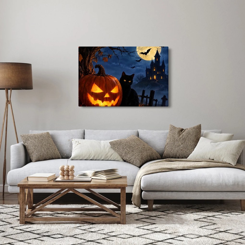 Tablou - Pisică neagră lângă un dovleac luminat de Halloween (90x60 cm)