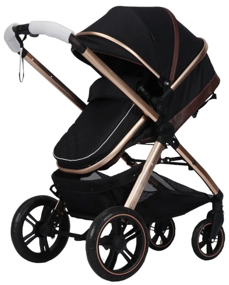Carucior nou nascuti 2 in 1 NOVOKIDS™ X2000 series, Cu geanta bebe, Cadru Aluminiu Gold, Amortizoare, Roti din cauciuc plin AVE, Landou, Spatar