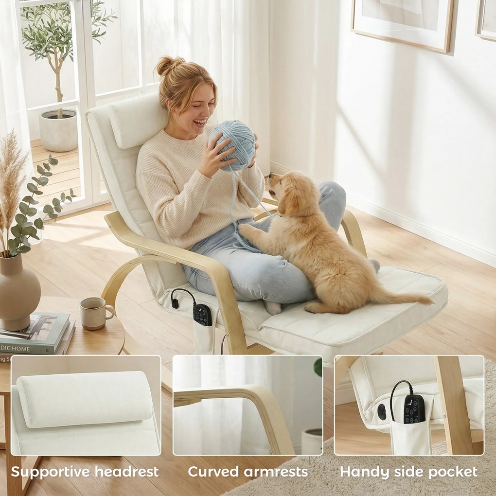 HOMCOM Scaun balansoar cu masaj, încălzire, tetieră &amp; suport pentru picioare, tapițerie catifea, scaun relax, crem-alb | Aosom Romania