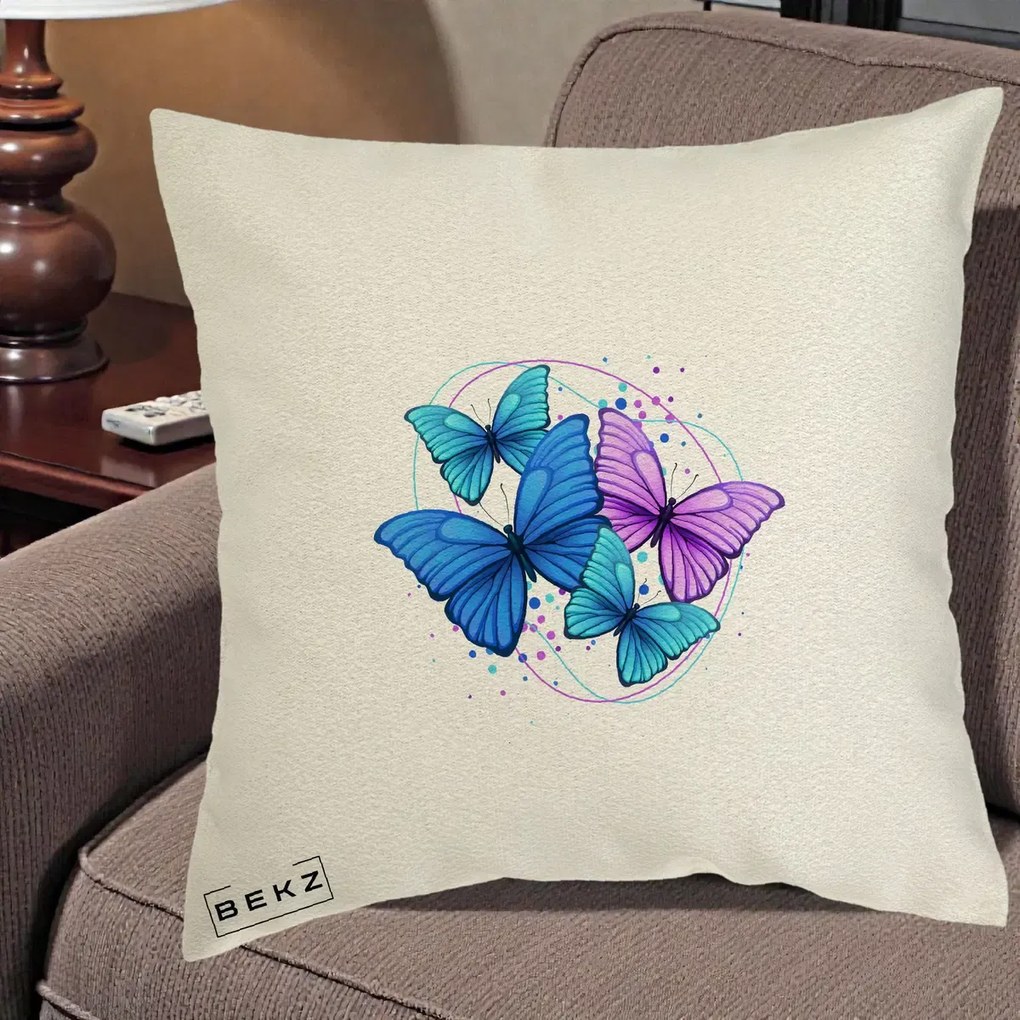 Perna Decorativa Patru Fluturi Turcoaz-Violet, 40x40 cm, Ecru, Husa Detasabila, Perna Inclusa, BEKZ®