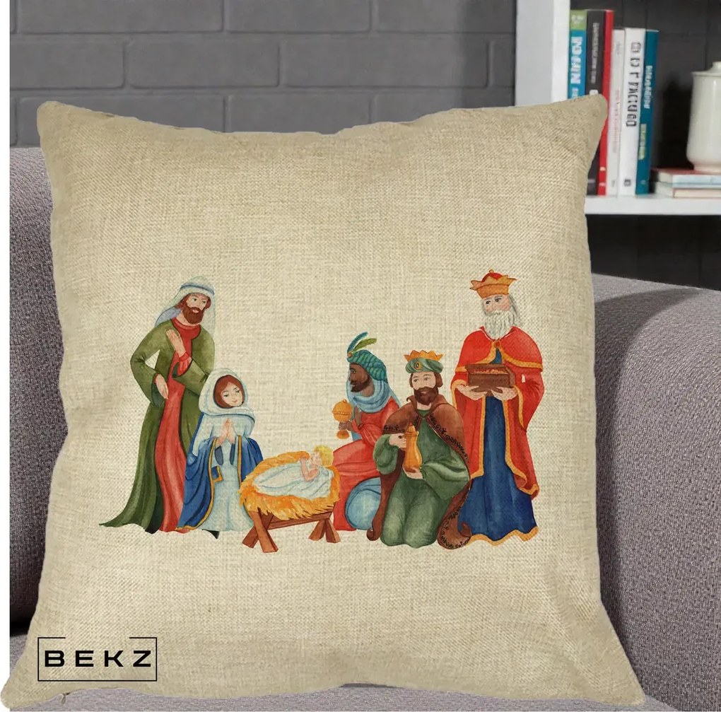 Perna Decorativa Nasterea Domnului Cei Trei Magi Acuarela, 40x40 cm, Crem, Husa Detasabila, Perna Inclusa, BEKZ®
