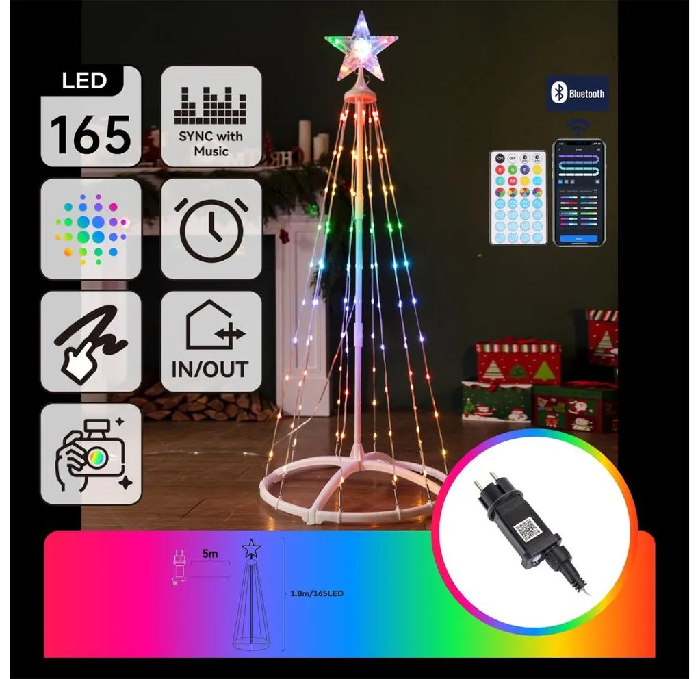 Aigostar - Decorațiune de Crăciun LED RGBICW pentru exterior, 165 LED, 230 V, 1,8 m, IP44 + telecomandă