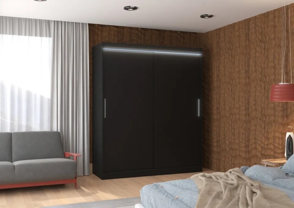 Dulap cu usi glisante si iluminare LED, Lincoln 180 + LED, 180 cmx200 cmx58 cm, ADRK Furniture (Culoare: Alb / Negru)