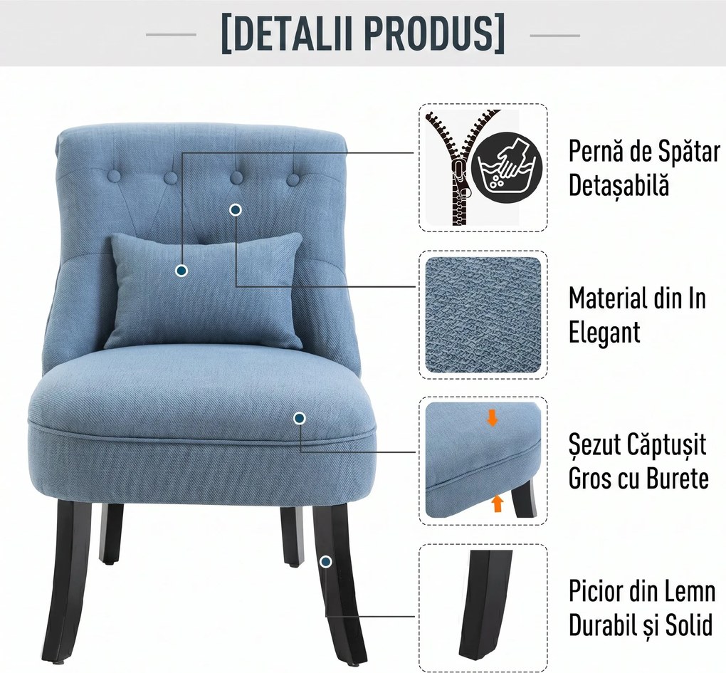 HOMCOM Fotoliu Tapițat cu Pernă și Picioare Antiderapante, Fotoliu din Material Textil, 52,5x69x77 cm, Albastru | Aosom Romania