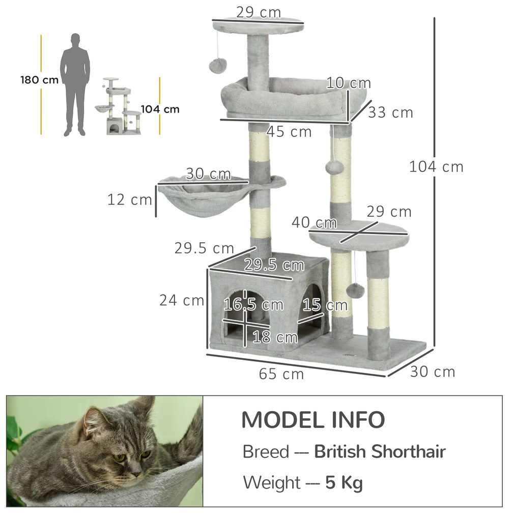 Copac de Lux pentru Pisici din Plus, Turn cu Stalpi de Zgariere din Sisal, Perne Inaltate, Bile de Joaca, Gri Deschis PawHut | Aosom Romania