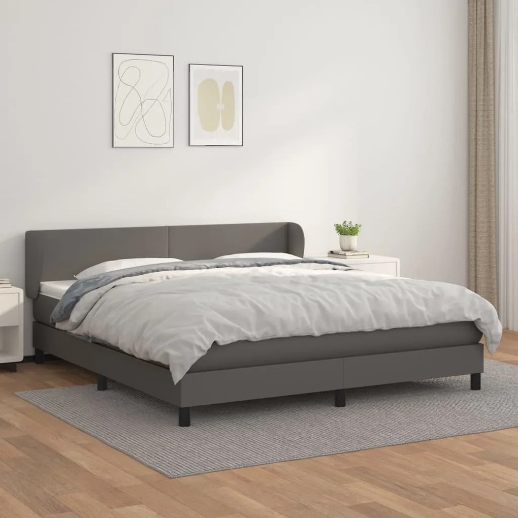 Pat box spring cu saltea, gri, 160x200 cm, piele ecologica Gri, 160 x 200 cm, Design simplu