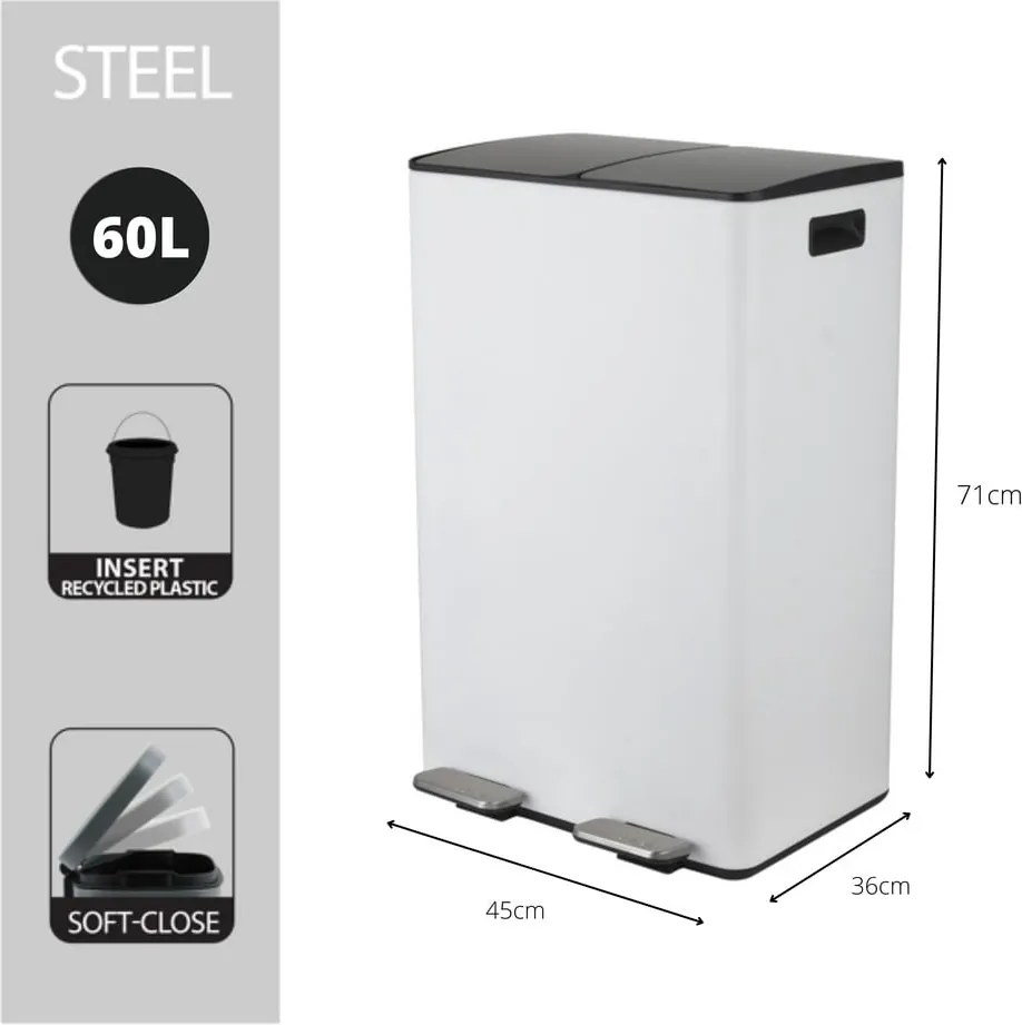 Coș de gunoi alb mat pentru reciclare/cu pedală 2x30 l din oțel Aliya – Spirella