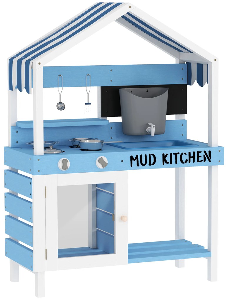 Bucătărie de exterior AIYAPLAY pentru copii cu acoperiș de soare, set de ustensile de bucătărie, lemn masiv, albastru | Aosom Romania