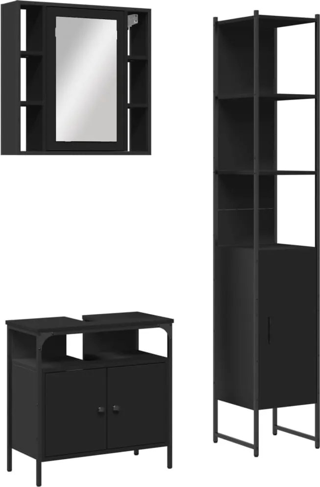 vidaXL Set dulapuri de baie, 3 piese, negru, lemn prelucrat