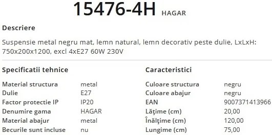 Lustra suspendata design modern HAGAR negru 15476-4H GL