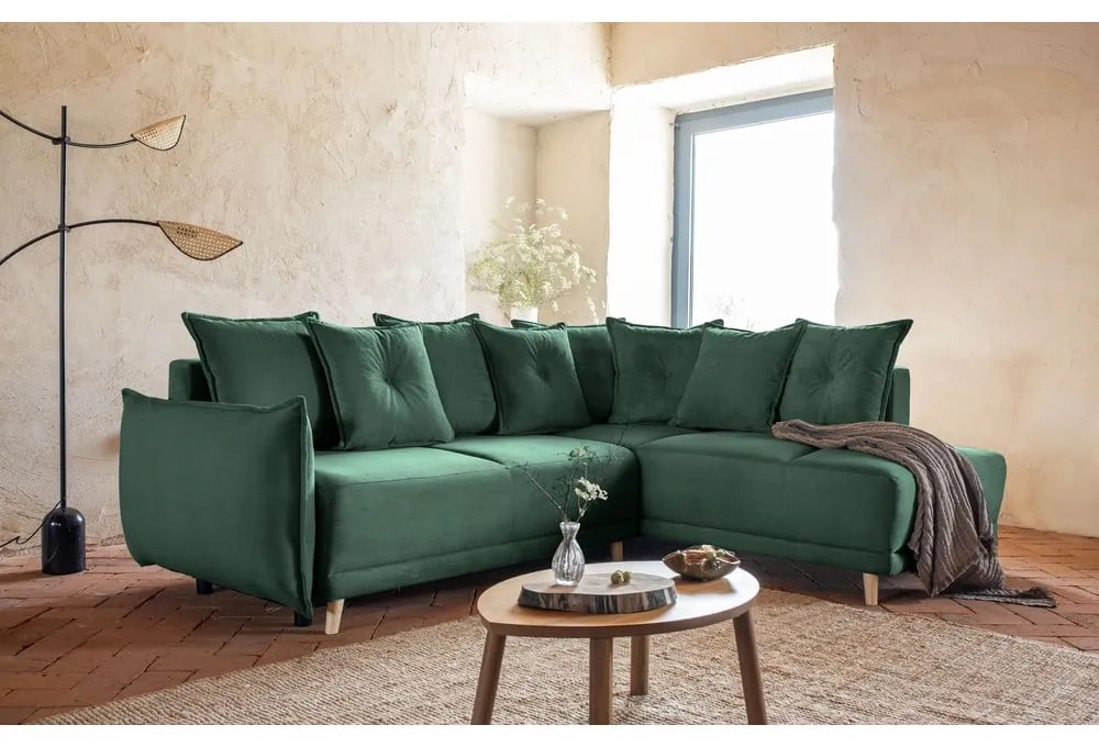 Colțar verde extensibil cu tapițerie din catifea reiată (colț dreapta) Lazy Lukka – Miuform