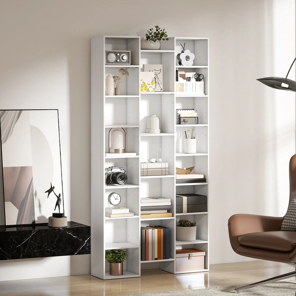 HOMCOM Bibliotecă Modernă din Lemn, Înălțime 181 cm, cu 21 Compartimente și 10 Rafturi Reglabile, Alb | Aosom Romania