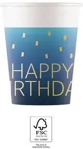 La mulți ani Golden Blue Pahar de hârtie Happy Birthday, 8 buc, 200 ml, FSC