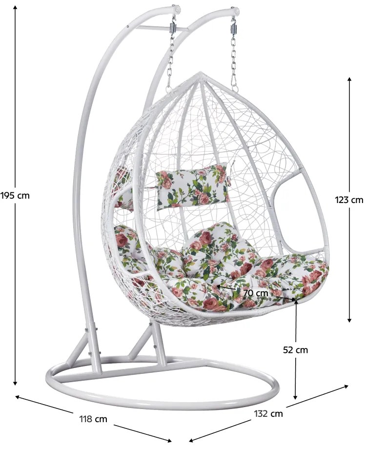 Fotoliu dublu suspendat, alb model floral, DELIA