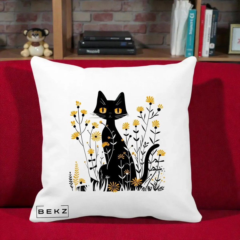 Perna Decorativa Pisica Neagra Ochi Galbeni Flori Galbene, 40x40 cm, Alba Mata, Husa Detasabila, Perna Inclusa, BEKZ®