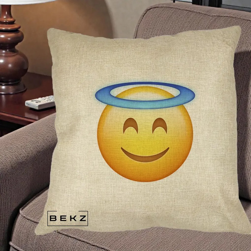 Perna Decorativa Emoji Inger cu Aureola, 40x40 cm, Crem, Husa Detasabila, Perna Inclusa, BEKZ®