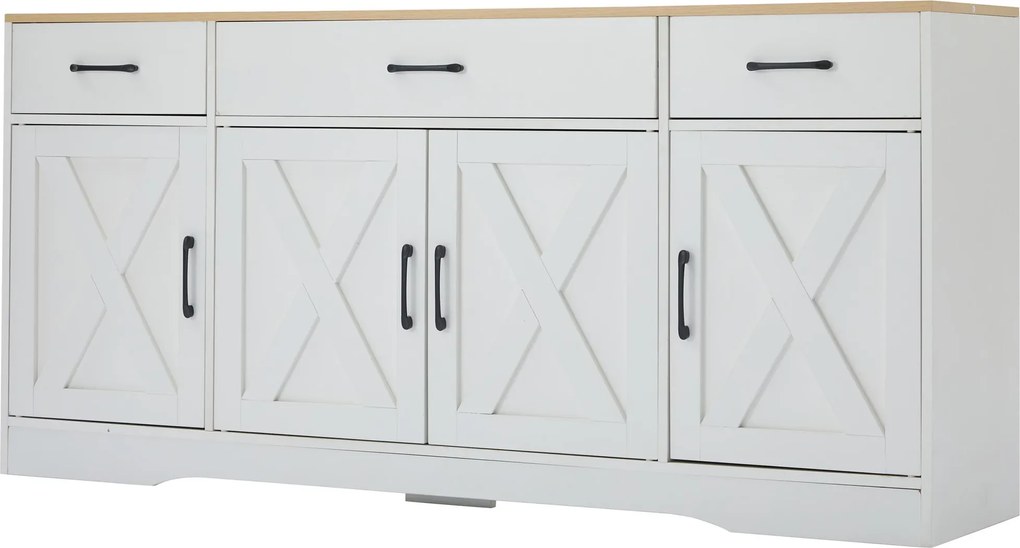 Bufet modern în design scandinav-industrial, cu 3 sertare și 4 uși, 160x37x75 cm, Alb