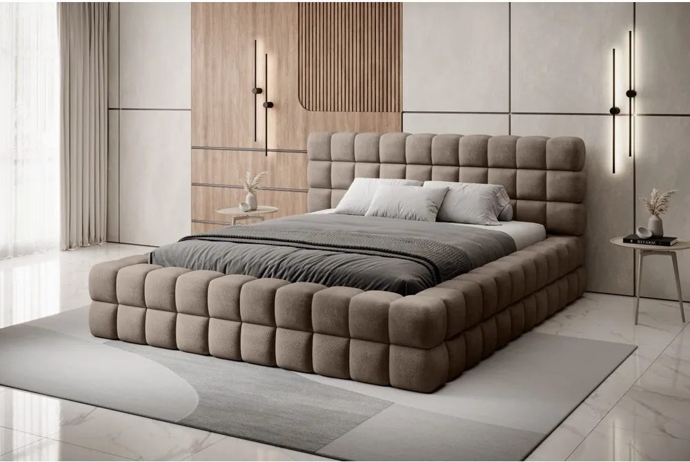 Pat matrimonial maro deschis tapițat cu spațiu de depozitare cu somieră 140x200 cm Dizzle – ELTAP