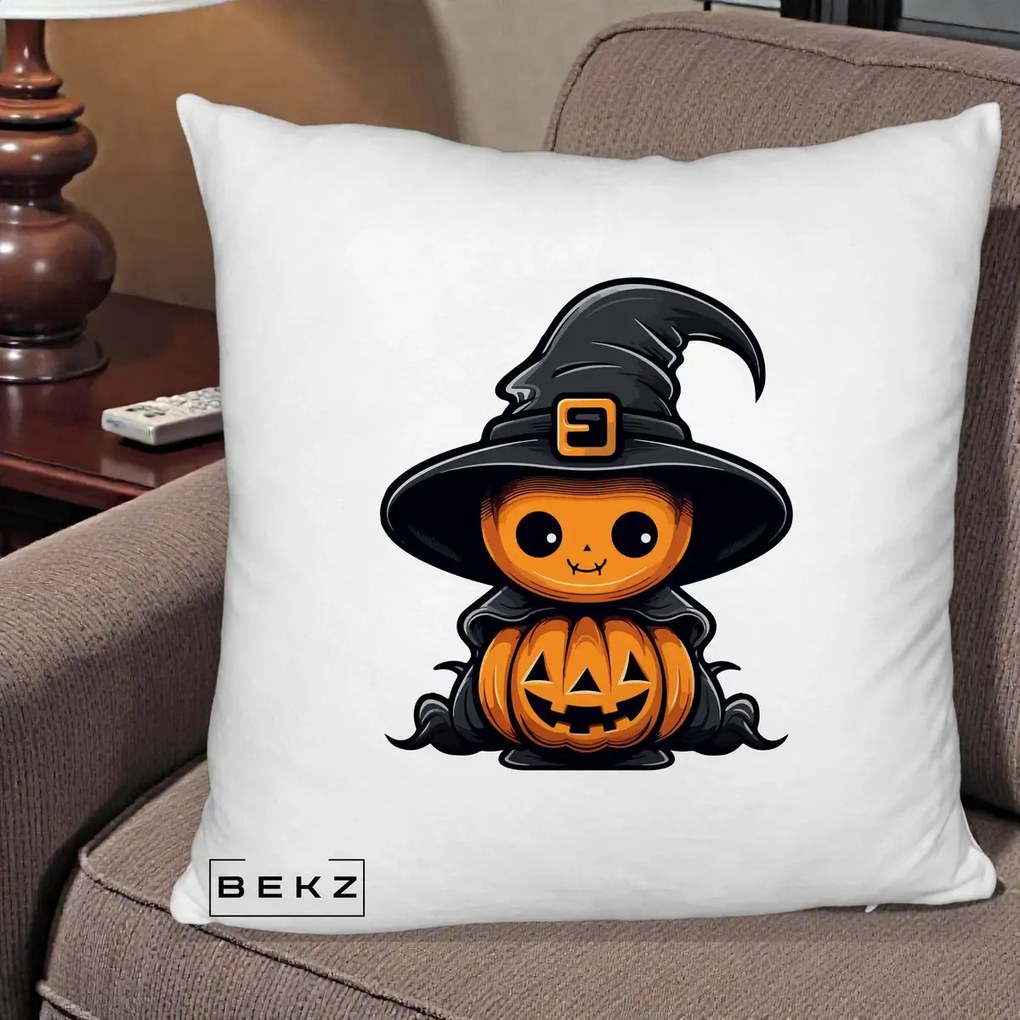 Perna Decorativa Halloween Dovleac Vrajitor Kawaii, 40x40 cm, Alb Pufos, Husa Detasabila, Perna Inclusa, BEKZ®