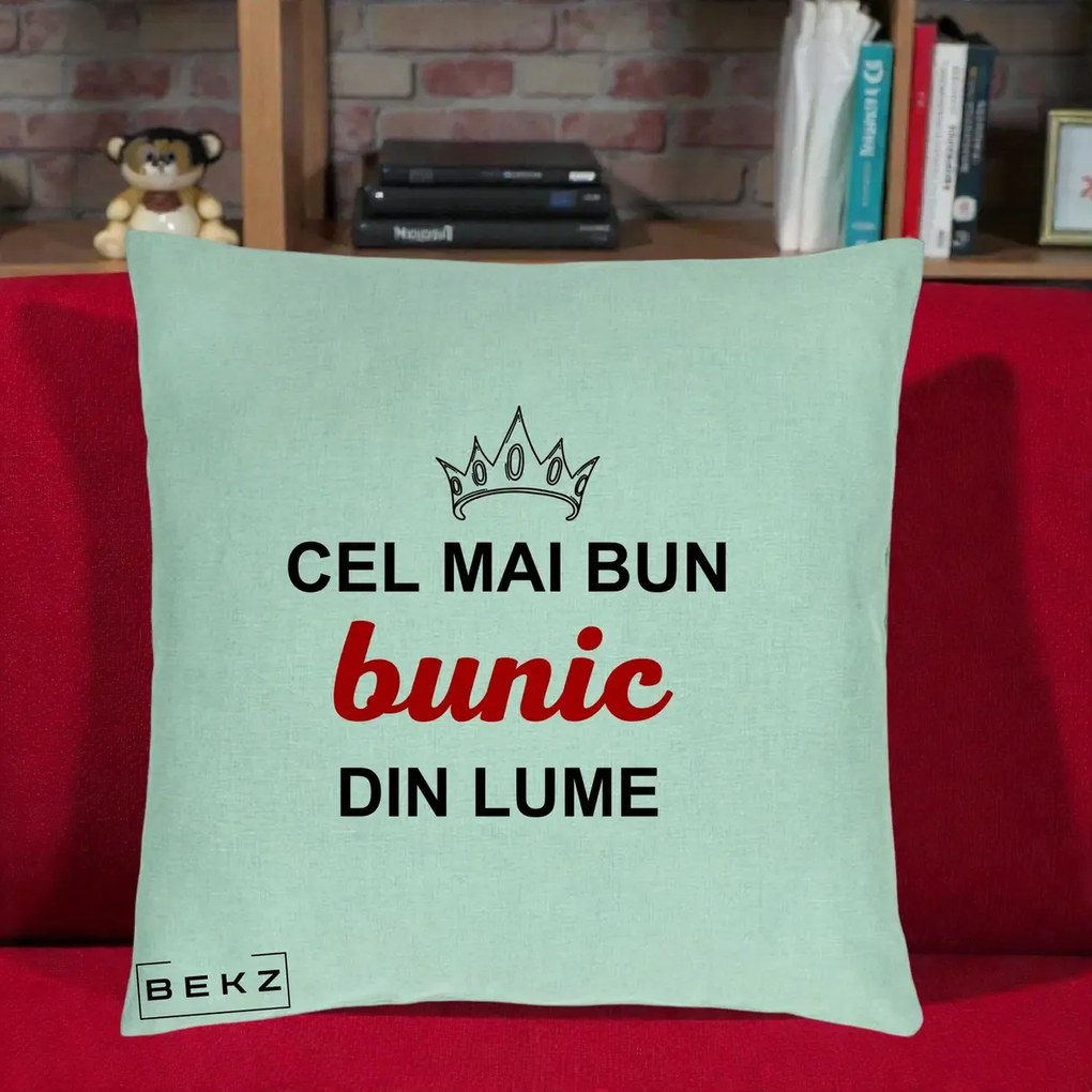 Cadou pentru Bunic - Perna Personalizata Cel Mai Bun Bunic Din Lume Coroana Rosu, 40x40 cm, Verde Menta, Husa Detasabila, Perna Inclusa, BEKZ®