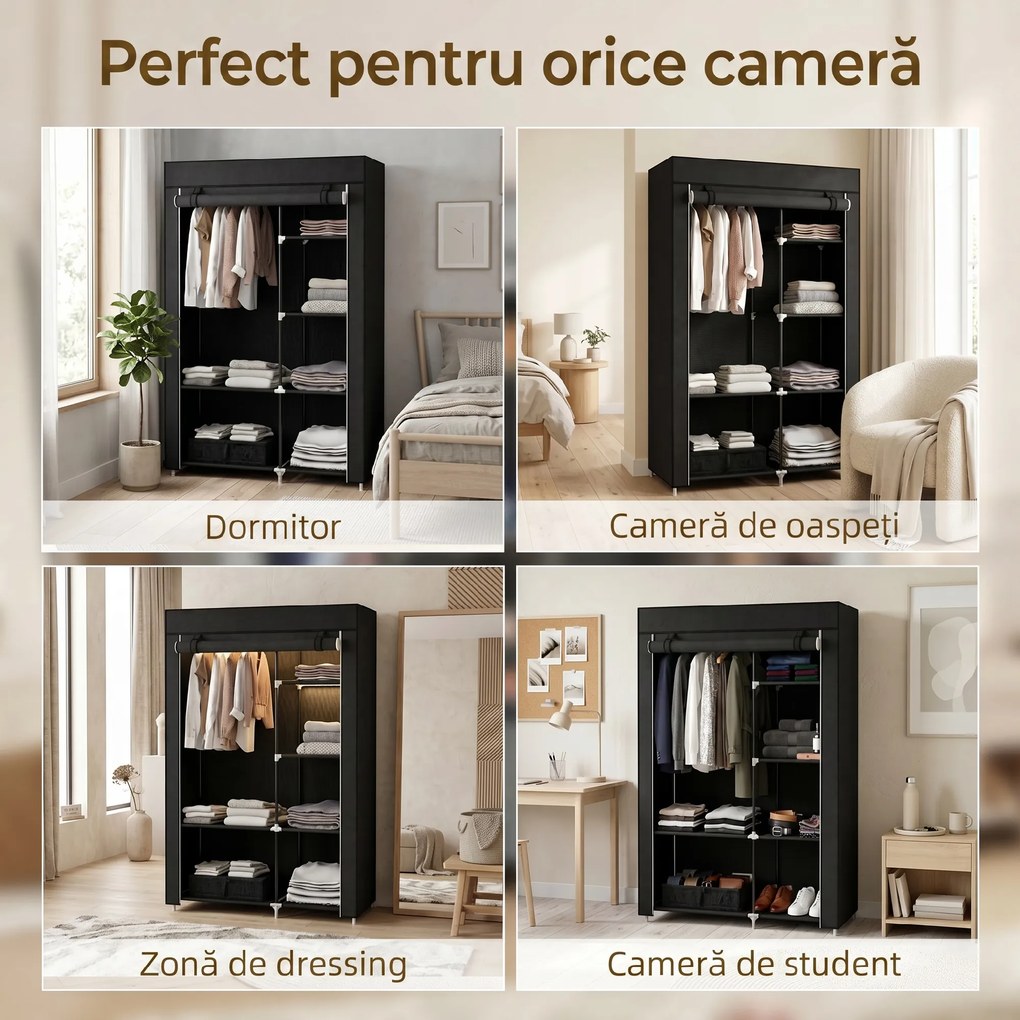 HOMCOM Dulap Portabil din Material, Dulap cu 6 Rafturi Deschise, 1 Bară și Ușă cu Fermoar, 103x43x162,5 cm, Negru | Aosom Romania
