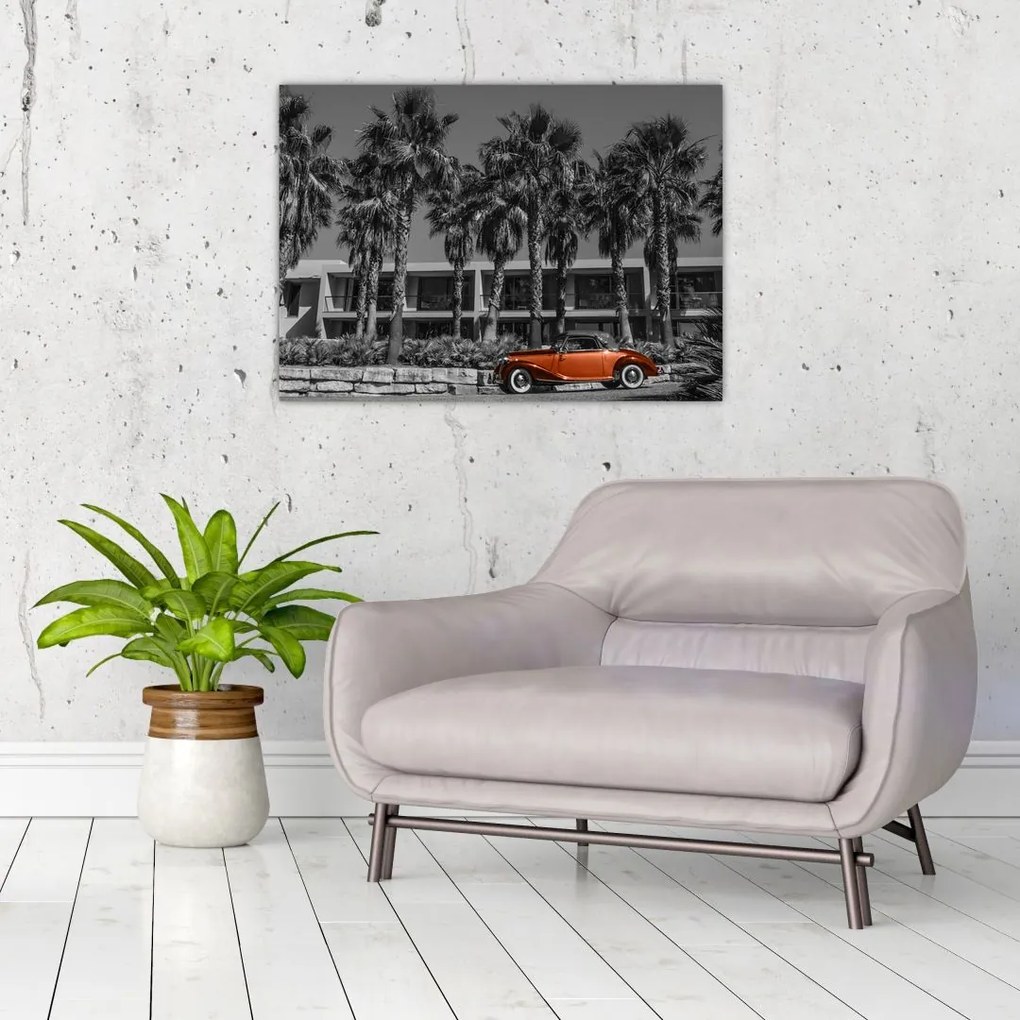 Tablou pe sticlă - Mașină roșie, retro (70x50 cm)