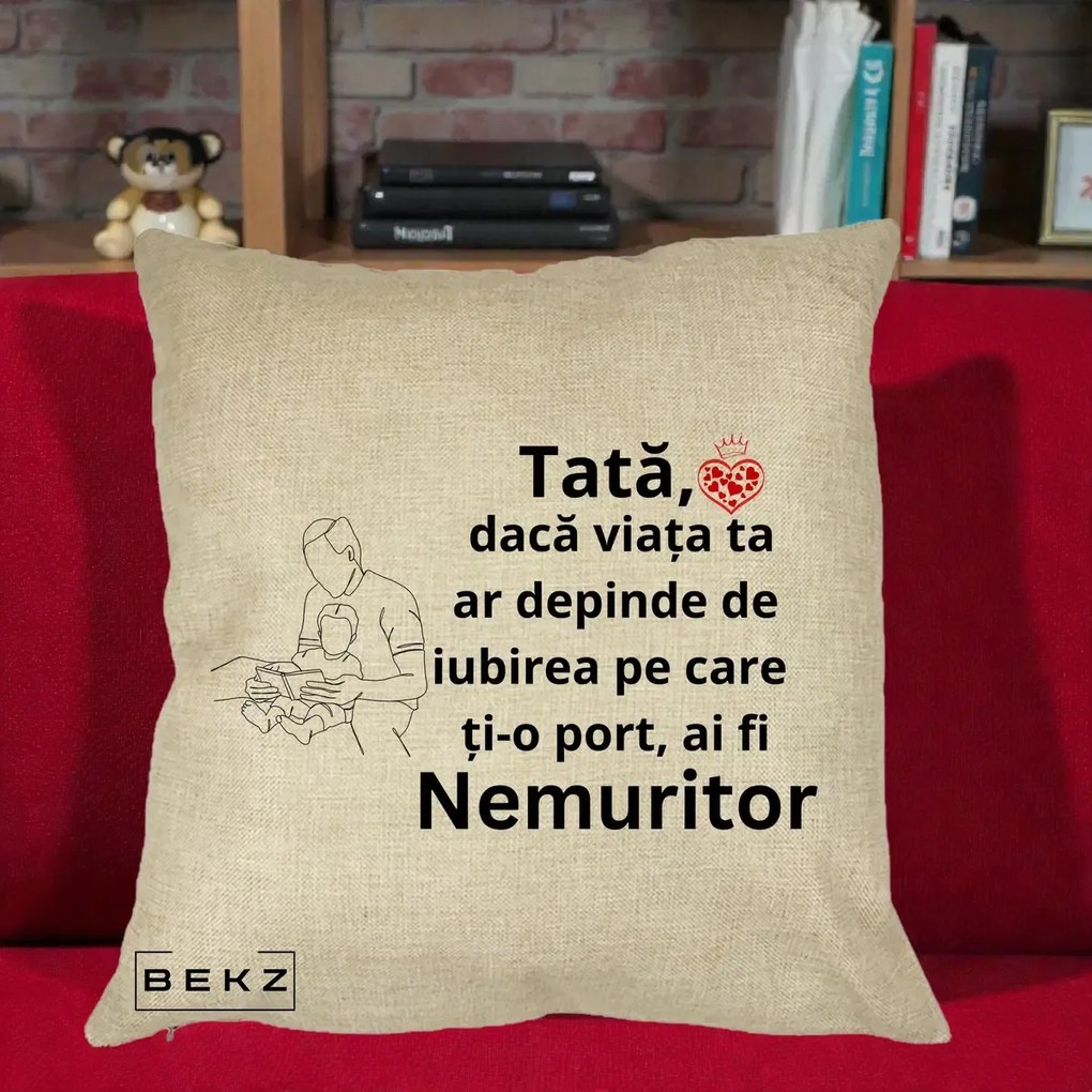 Cadou pentru Tata - Perna Personalizata Tata Nemuritor Lectura, 40x40 cm, Crem, Husa Detasabila, Perna Inclusa, BEKZ®