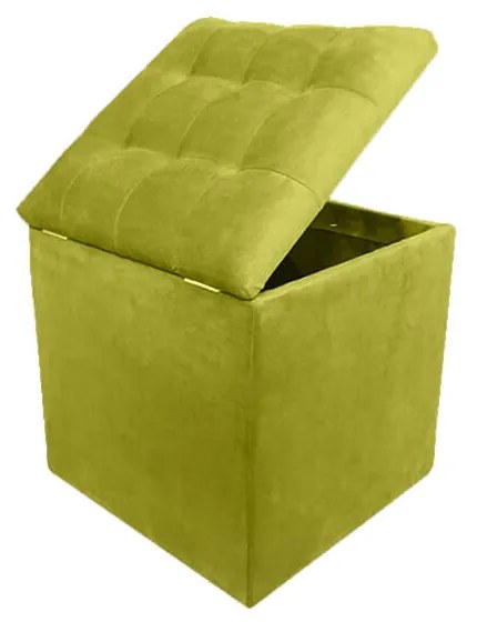 Taburet cub Cozy cu spatiu depozitare, 42x42x46 cm, catifea, verde lime
