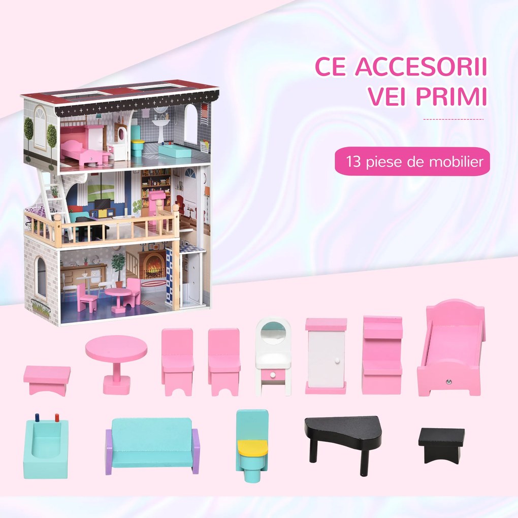 HOMCOM Castel de Poveste din Lemn, cu Ascensor și 3 Etaje, Include 13 Accesorii, pentru Prințese în Creștere, 60x30x80cm, Roz | Aosom Romania