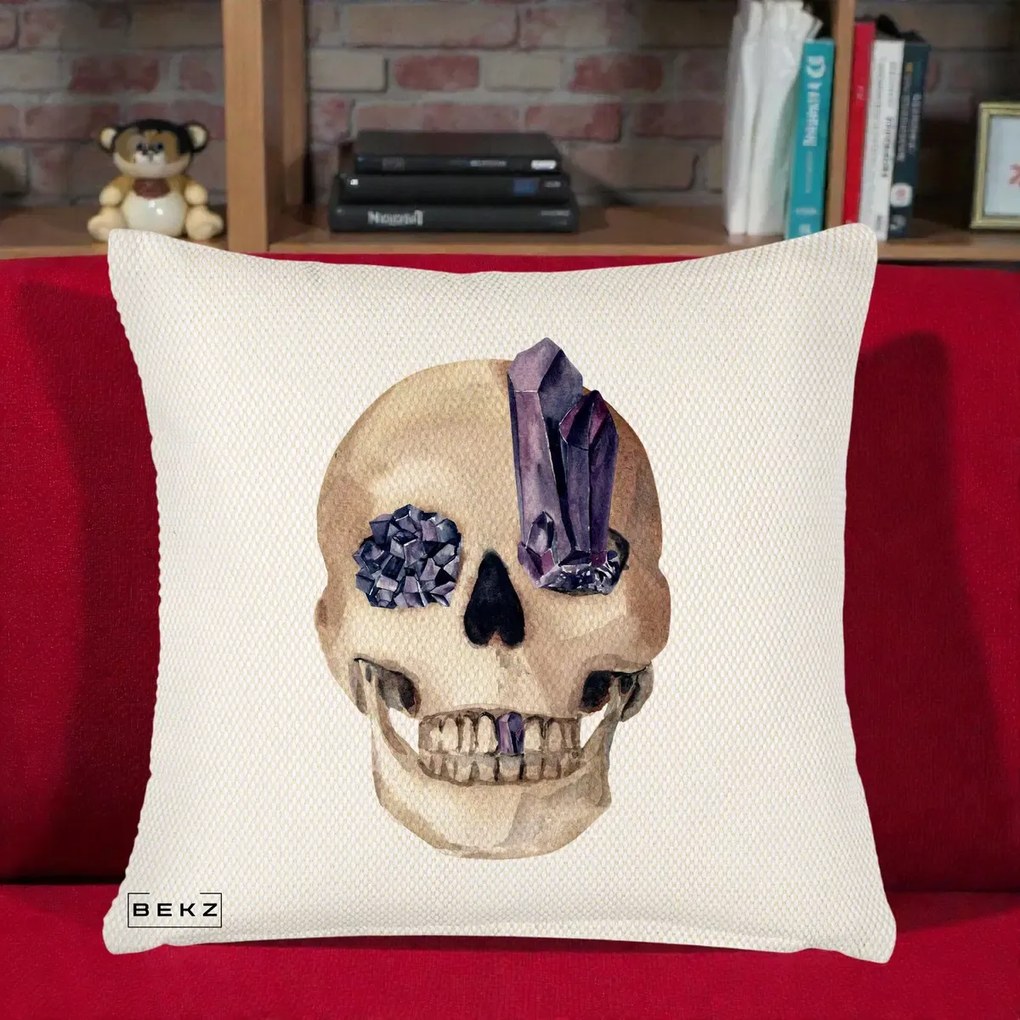 Perna Decorativa Craniu cu Cristale de Ametist, 40x40 cm, Crem Reliefat, Husa Detasabila, Perna Inclusa, BEKZ®